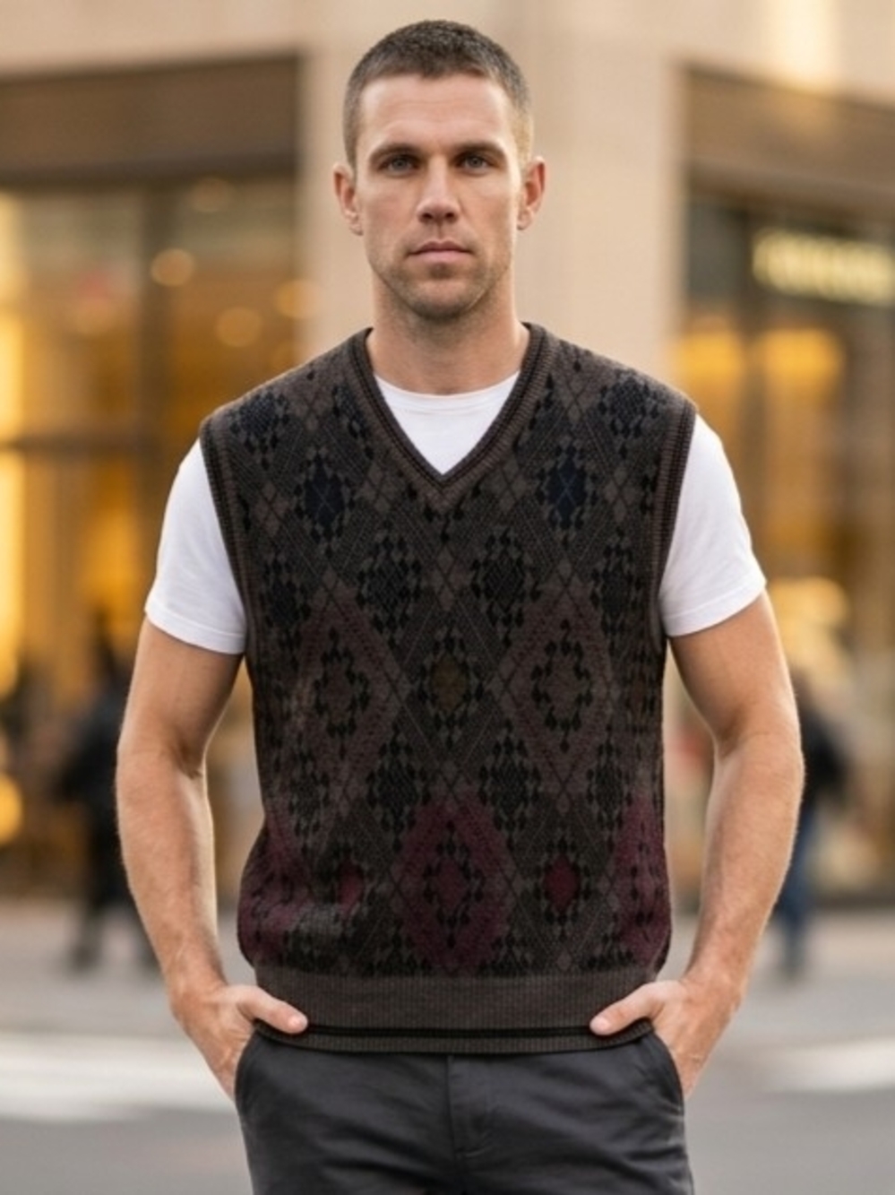 90's Vtg Brandini Men's Wool Blend Sweater Vest Brown/Black Argyle XL EUC